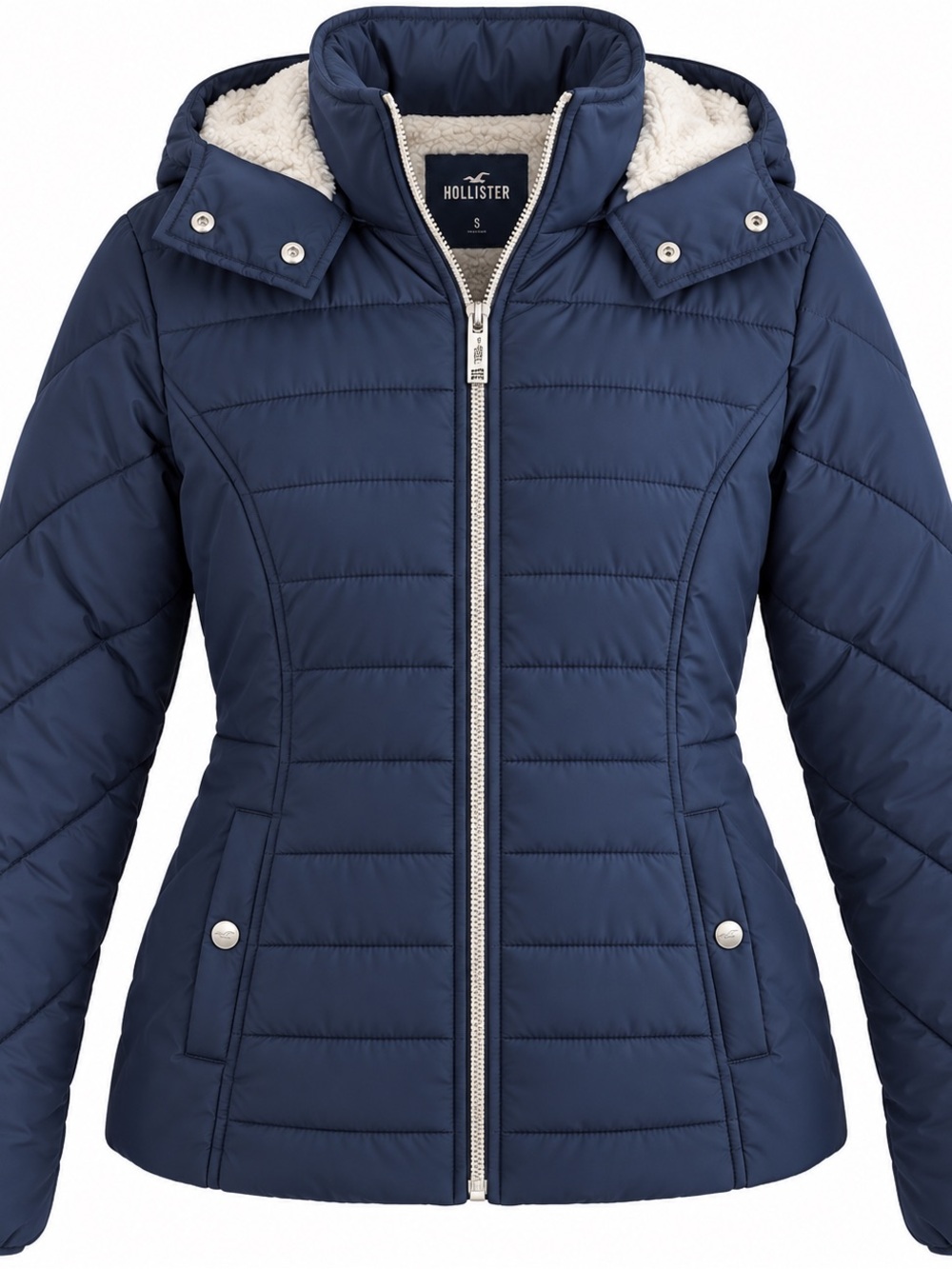 Hollister Navy Puffer Jacket with Cream Sherpa Hood Lining